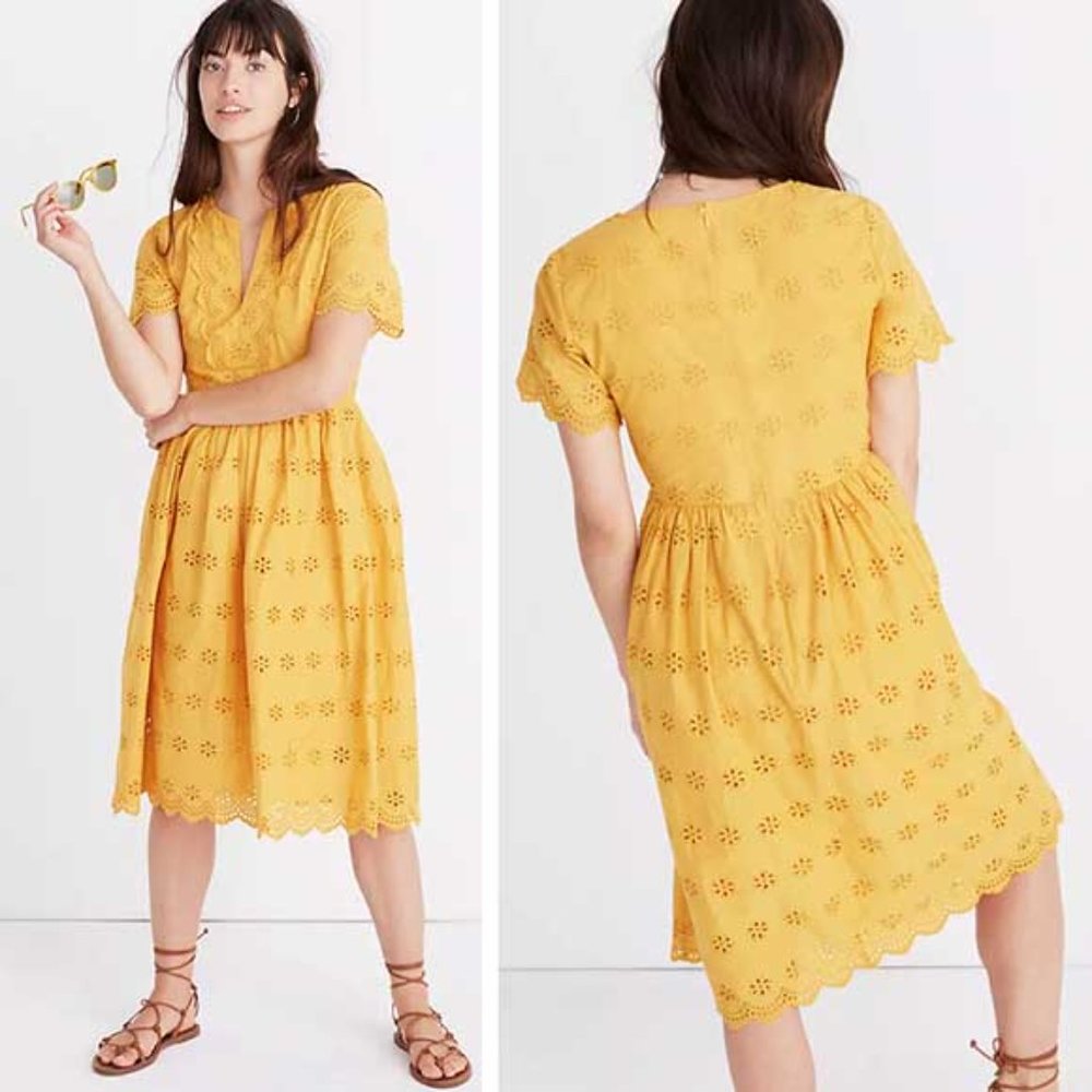 Yellow Eyelet V-Neck Midi Dress